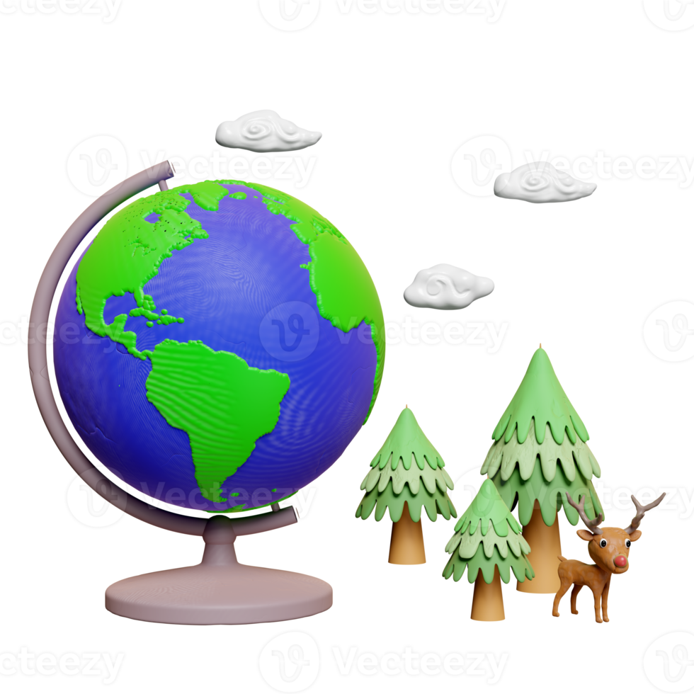 3D-Planet-Erde-Modell, Globus dreht sich auf Ständer aus Plastilin mit Rehen, die auf Kiefernwald stehen, Tonspielzeug-Symbol isoliert. Tag der Erde Konzept, 3D-Darstellung png