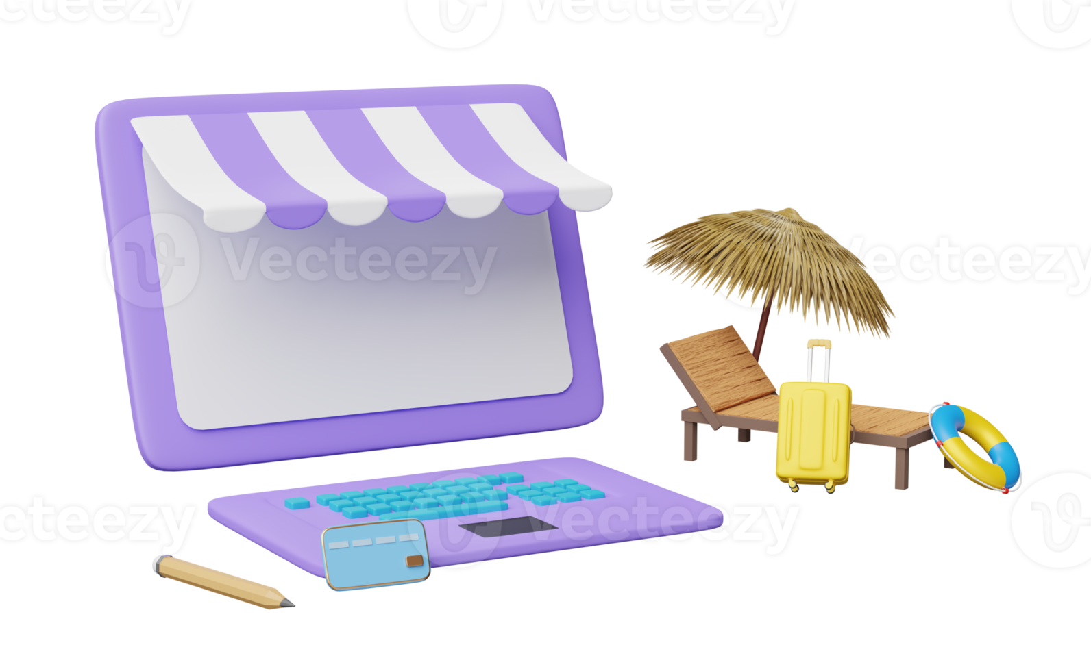 laptop computer monitor with store front, beach chair, palm leaf, umbrella, lifebuoy, suitcase isolated. online shopping summer sale concept, 3d illustration or 3d render png