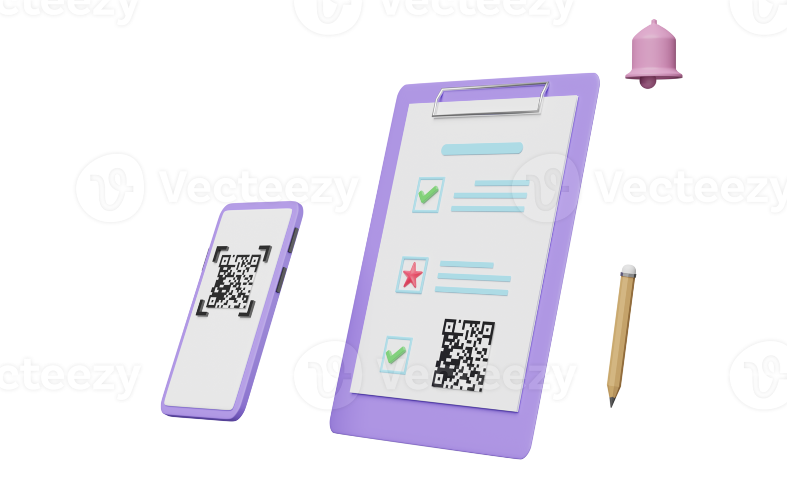 checklista med mobil telefon, smartphone,qr koda läser in, vit urklipp, kolla upp, underrättelse klocka isolerat. uppkopplad marknadsföring, företag strategi begrepp, 3d illustration, 3d framställa png