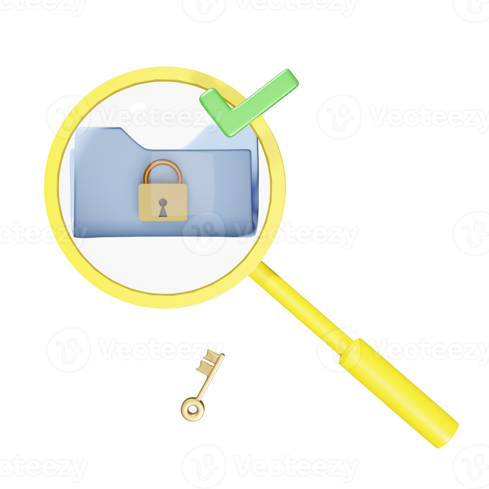 loupe avec déverrouillage, verrouillage, dossier cloud isolé. concept minimal de moteur de recherche de données web, illustration 3d ou rendu 3d png