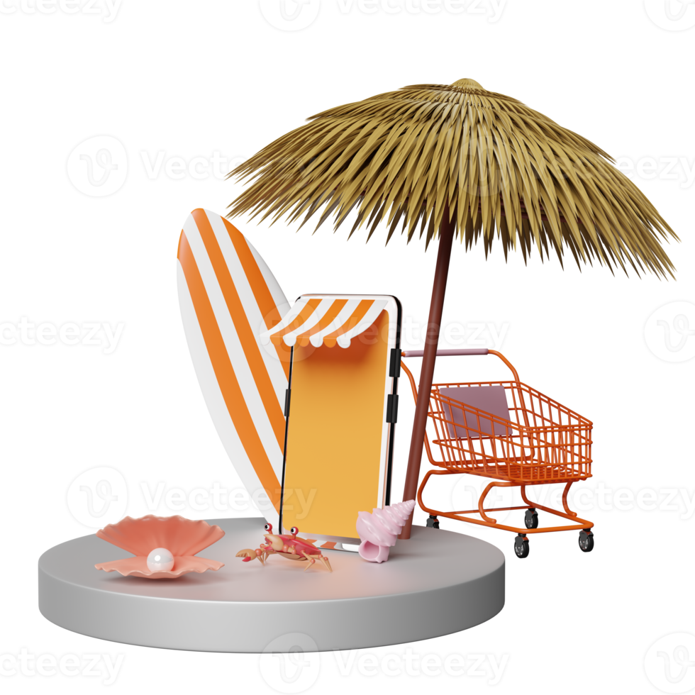 stage podium with mobile phone or smartphone store front, umbrella, palm leaf, surfboard, cart, shellfish isolated. online shopping summer sale concept, 3d illustration, 3d render png