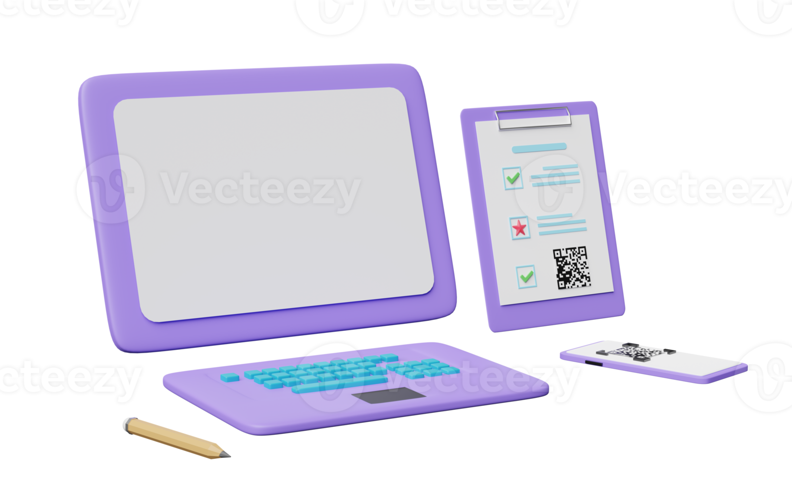 3d laptop computer with business data, mobile phone, smartphone,qr code scanning, clipboard checklist isolated. Online marketing, business strategy concept, 3d render illustration png