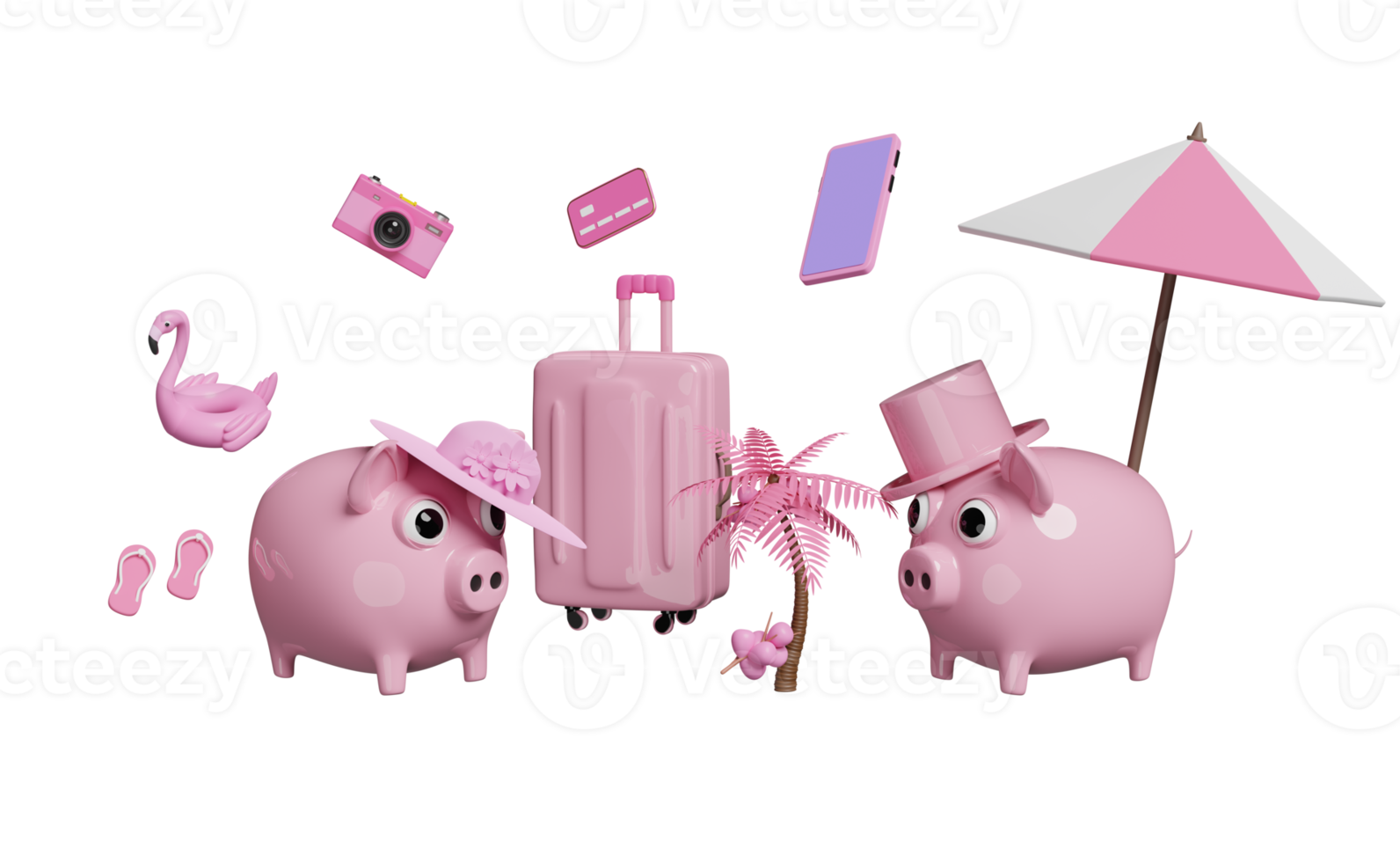 piggy bank with coconut, suitcase, camera, Inflatable flamingo, credit card, sandals, hat, coin isolated. save money for summer travel vacation concept, 3d illustration, 3d render png