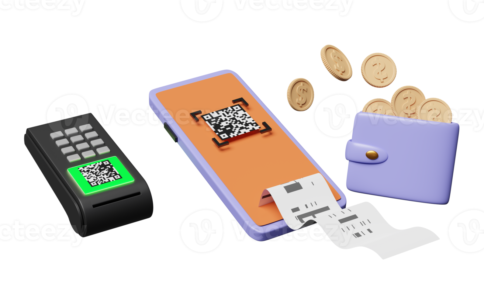 téléphone portable ou smartphone avec lecture de code qr, machine de paiement, terminal pos, facture électronique, portefeuille, pièce isolée. concept d'achat en ligne, illustration 3d, rendu 3d png