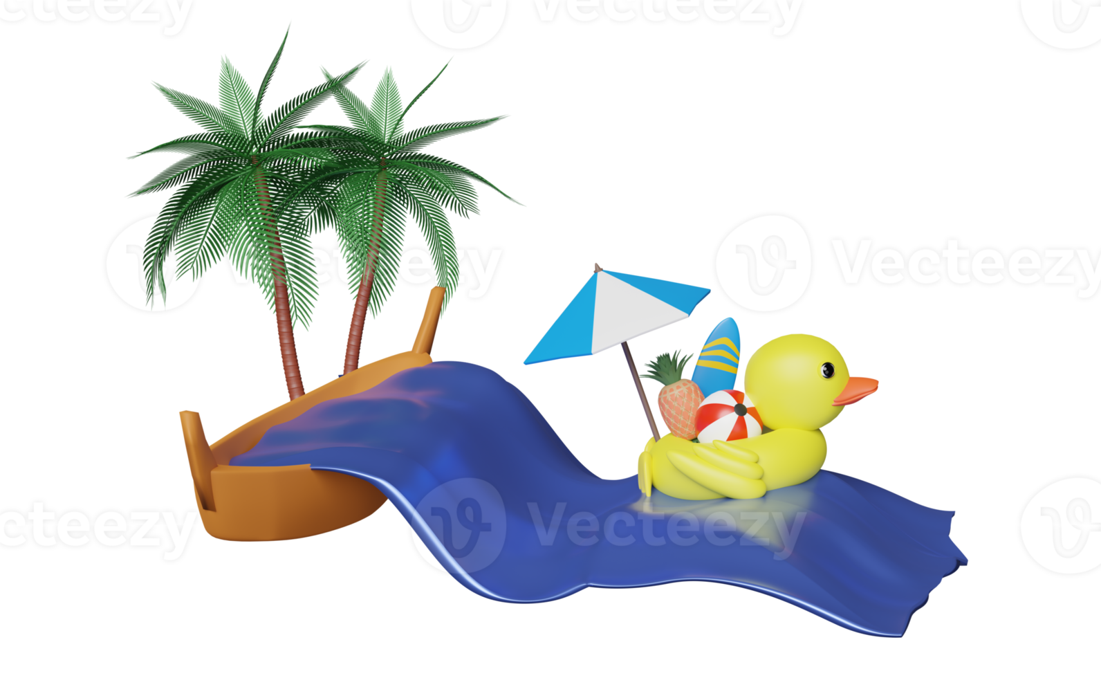 geel opblaasbaar eend met paraplu, bal, ananas, surfplank, palm bomen, zee golven, boot geïsoleerd. abstract achtergrond, zomer reizen concept, 3d illustratie of 3d geven png