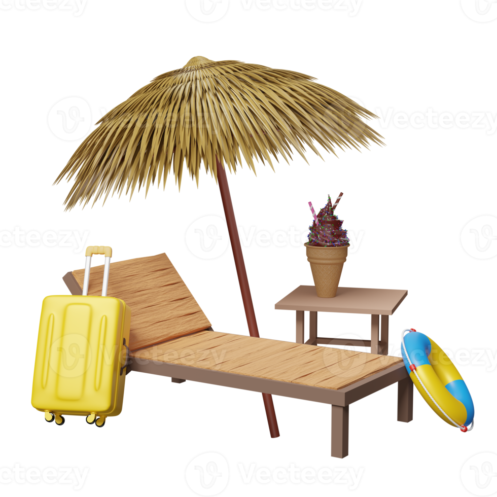 silla de playa con hoja de palma, sombrilla, aro salvavidas, maleta, conos de gofres de helado aislados. concepto de venta de verano de compras en línea, ilustración 3d o presentación 3d png