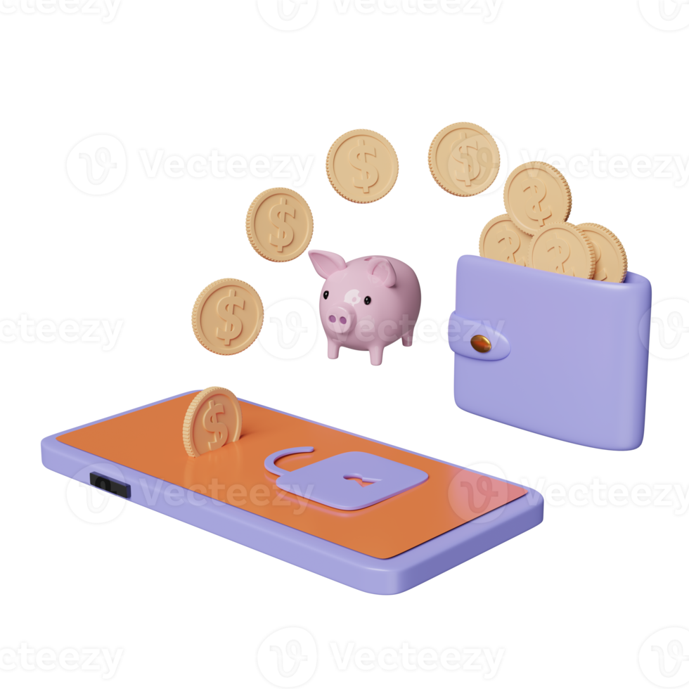 teléfono móvil, teléfono inteligente con billetera, moneda de dólar, desbloqueo, hucha aislada. seguridad de Internet, protección de la privacidad, concepto de protección de ransomware, ilustración 3d, presentación 3d png