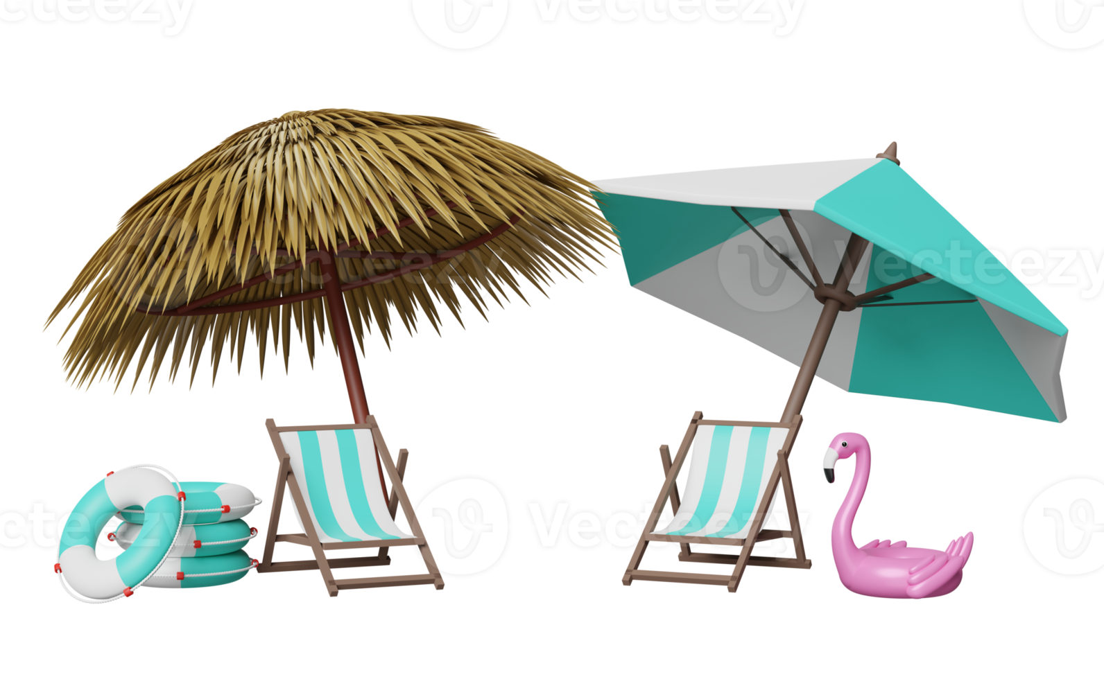 viagem de verão com cadeira de praia, folha de palmeira, guarda-chuva, bóia salva-vidas, flamingo inflável isolado. conceito de venda de verão comercial, ilustração 3d ou renderização 3d png