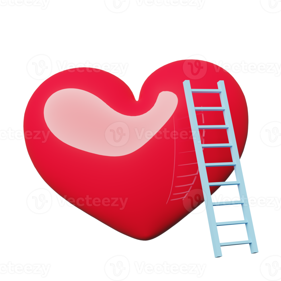 blauw ladder of trapladder met rood hart Vleugels, vliegend geïsoleerd. Gezondheid liefde of wereld hart dag, Valentijnsdag dag concept, minimaal abstract, 3d illustratie of 3d geven png