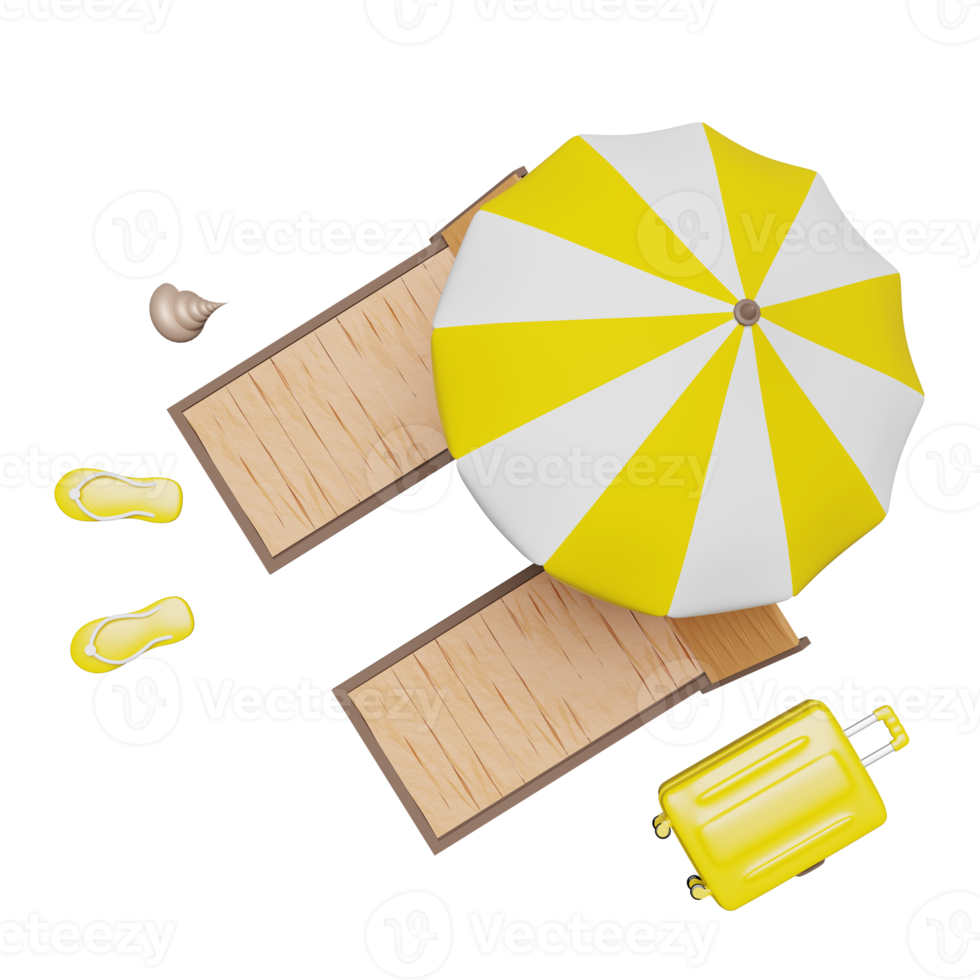 summer travel with yellow suitcase, beach chair, umbrella, sandals isolated. concept 3d illustration or 3d render, top view png