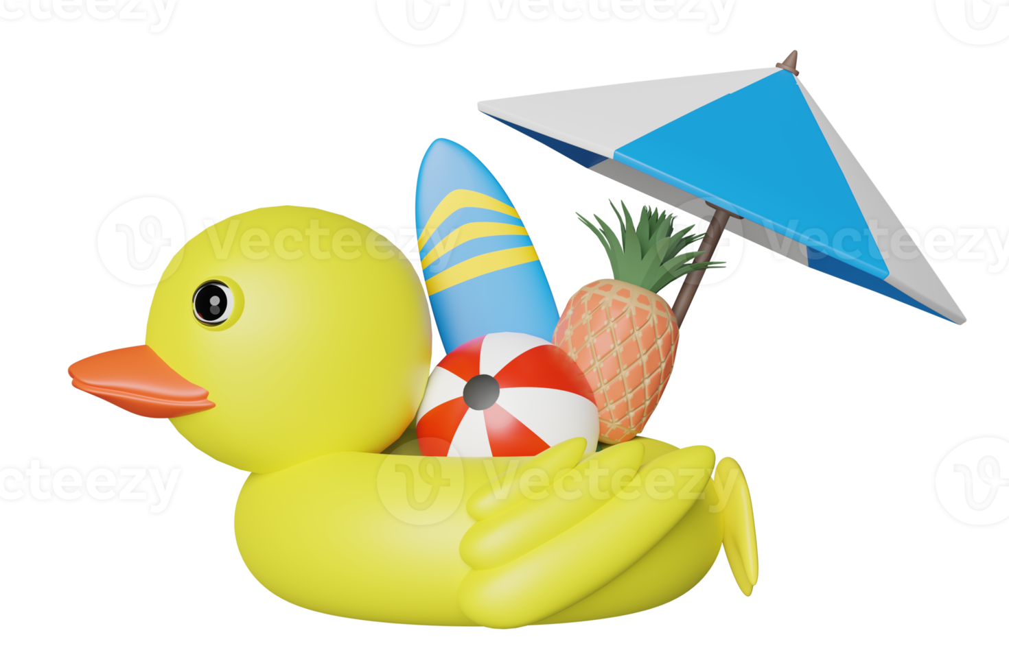 yellow inflatable duck with umbrella, ball, pineapple, surfboard isolated. summer travel concept, 3d illustration or 3d render png