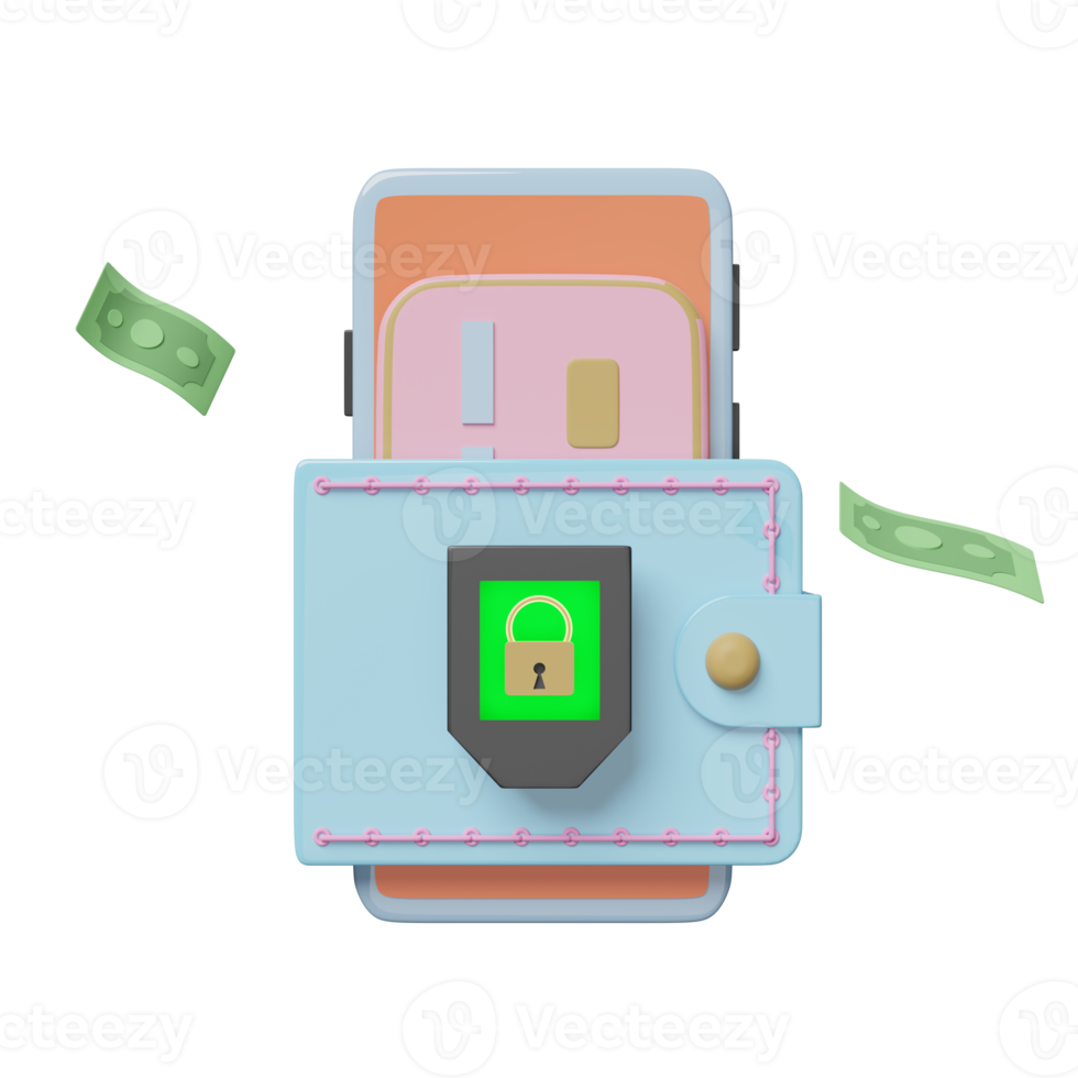 hardware-geldbörse mit handy, smartphone, kreditkarte isoliert. Internet-Kryptowährungssicherheit, Datenschutz, Ransomware-Schutzkonzept, 3D-Illustration, 3D-Rendering png