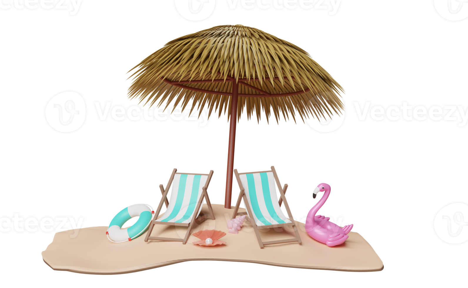summer travel with beach chair, palm leaf, umbrella, lifebuoy, Inflatable flamingo isolated. shopping summer sale concept, 3d illustration or 3d render png