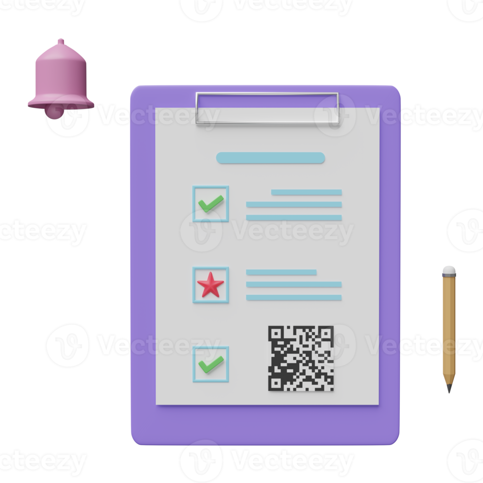 white clipboard checklist with check, notification bell isolated. Online marketing, business strategy concept, 3d illustration, 3d render png