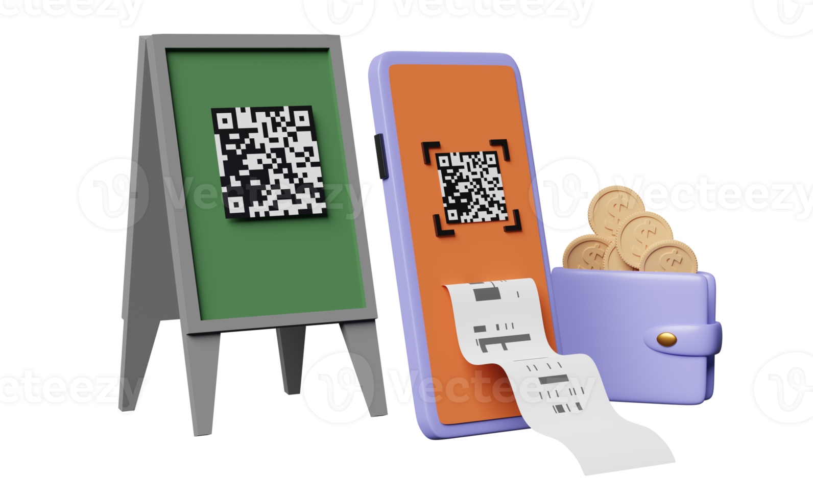 teléfono móvil o teléfono inteligente con escaneo de código qr, factura electrónica de pago, billetera, moneda, letrero de tienda aislado. concepto de compras en línea, ilustración 3d, presentación 3d png