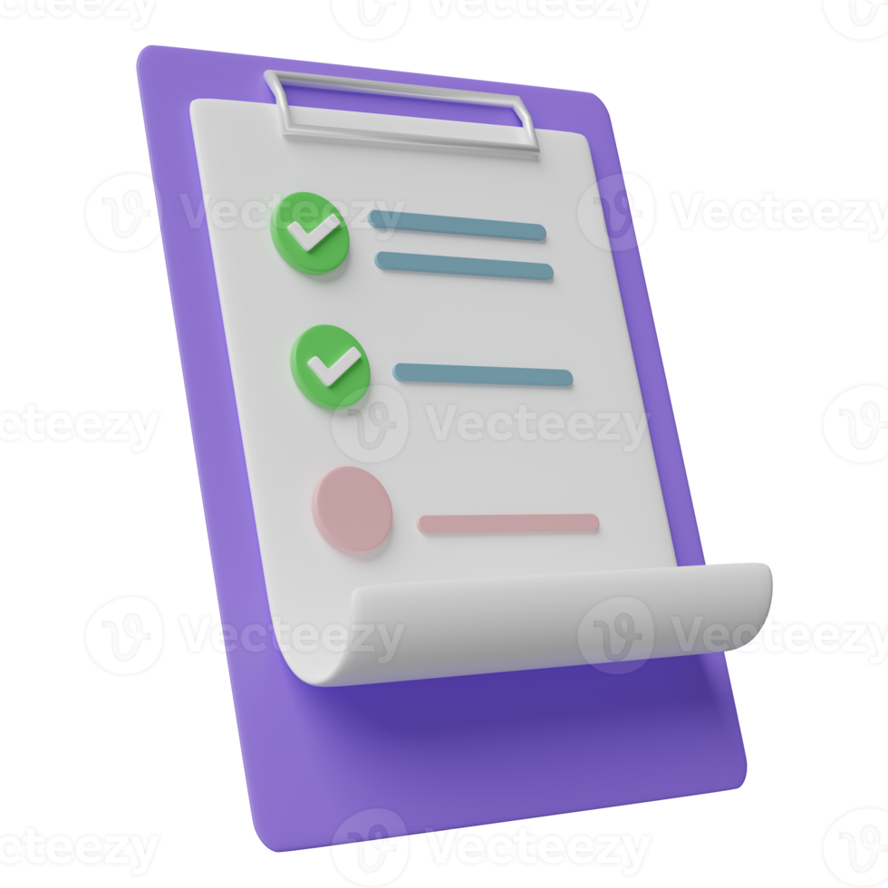 white clipboard checklist paper with check, pencil isolated. project plan, business strategy concept, 3d illustration, 3d render png