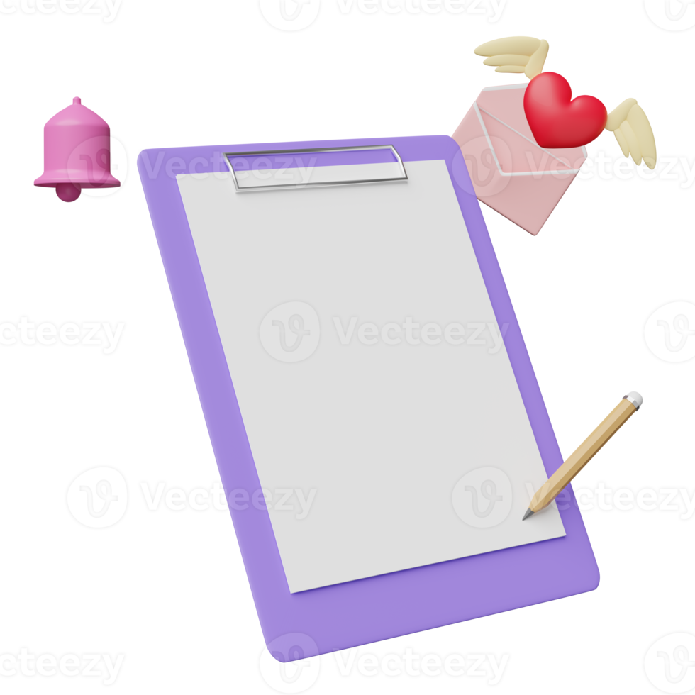 empty checklist with flying envelope, bell, pencil isolated. notify newsletter, online incoming email, health love,world heart, valentine's day concept, 3d illustration, 3d render png