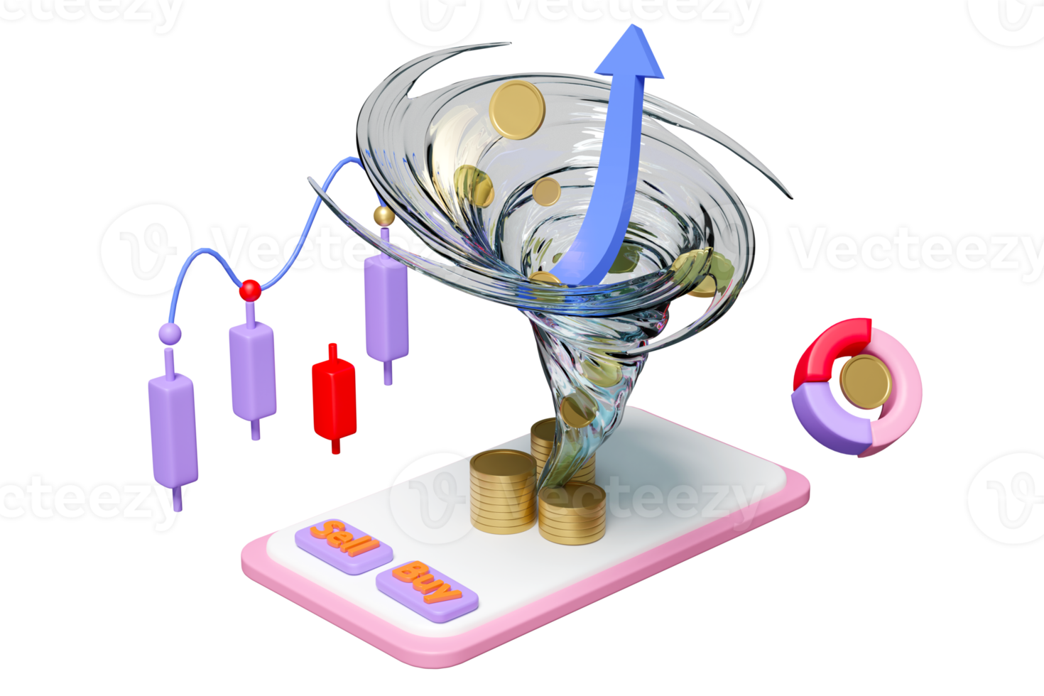 mobile phone, smartphone with charts and graph, analysis business financial data, Online marketing, pile coins, twister isolated. 3d illustration or 3d render png