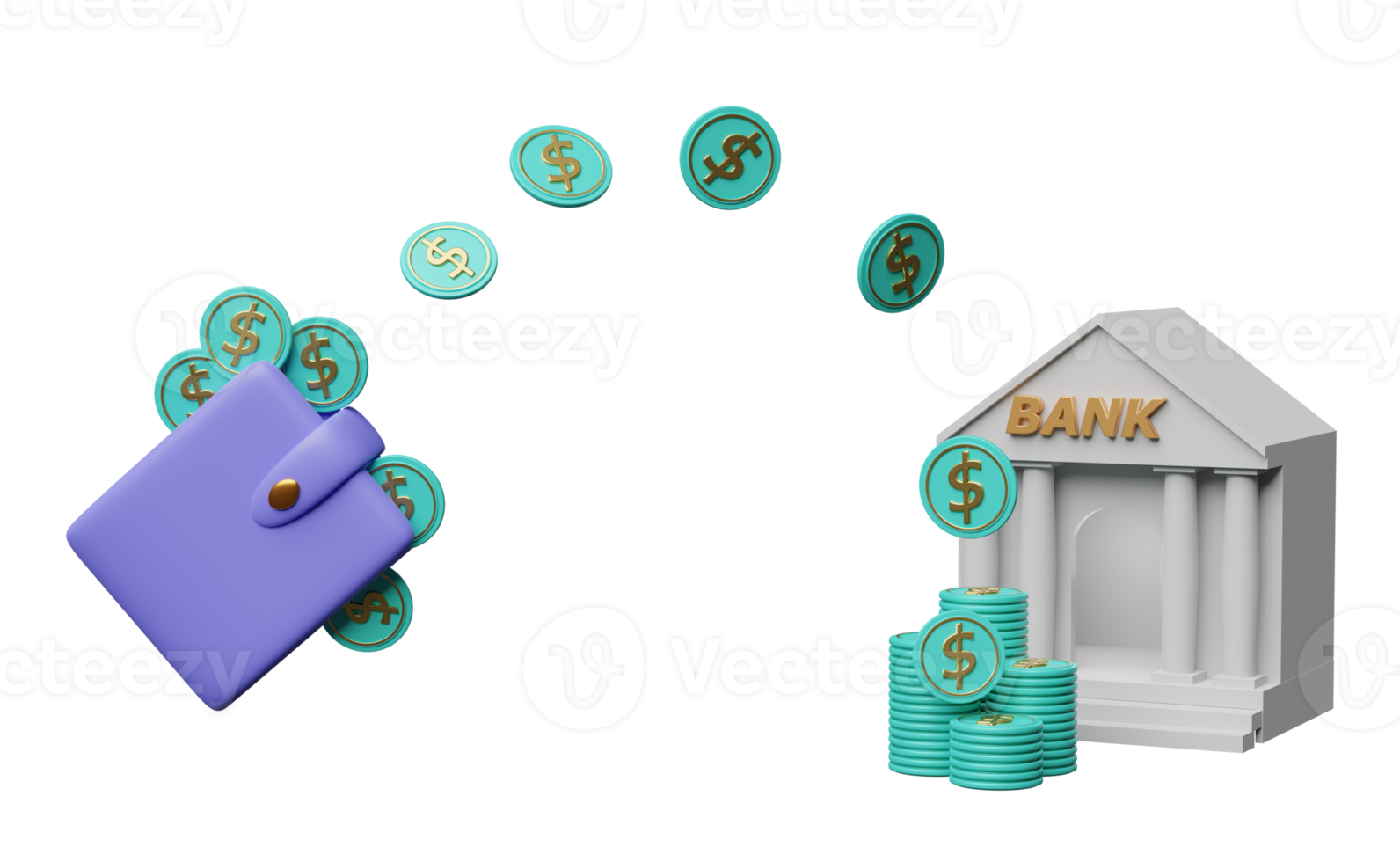 banco ou escritório de impostos com carteira roxa, pilhas de moedas de dólar isoladas. economizando o conceito de dinheiro, ilustração 3d, renderização em 3d png