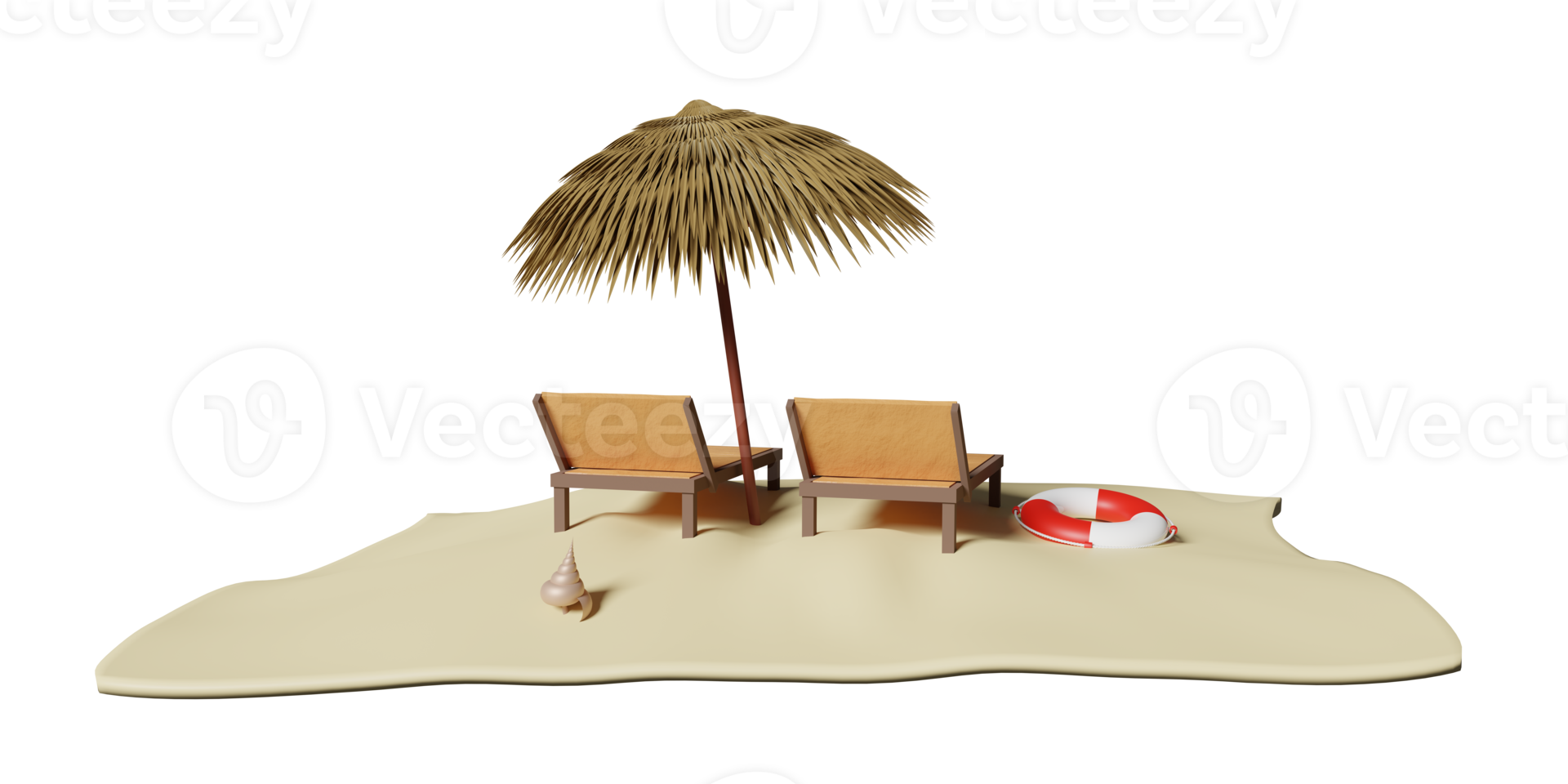 beach chair wooden with umbrella, lifebuoy, seaside, shellfish, island isolated. summer travel concept, 3d illustration or 3d render png