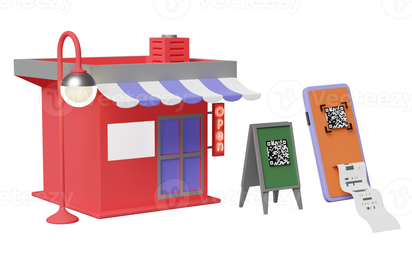 teléfono móvil, teléfono inteligente con escaneo de código qr, factura electrónica de pago, letrero frontal de la tienda aislado. concepto de compras en línea, ilustración 3d, presentación 3d png