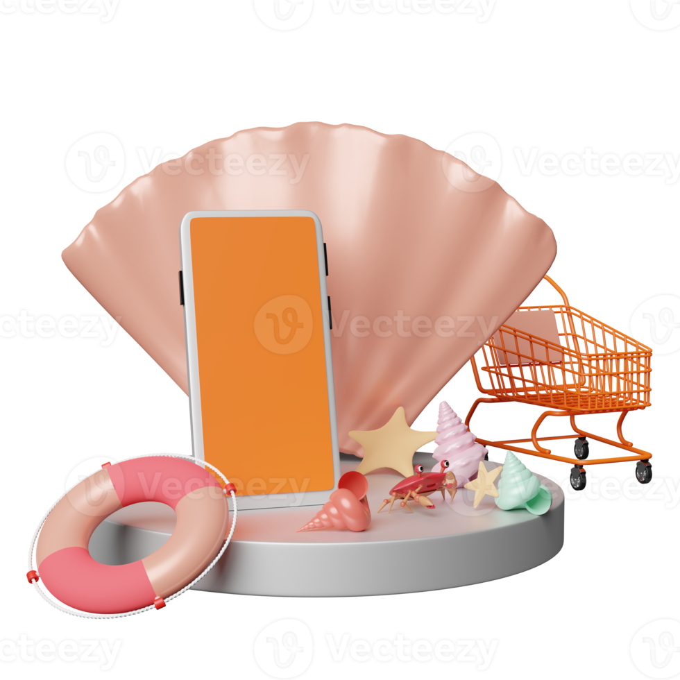 silver cylinder stage podium with orange mobile phone or smartphone ,cart, shellfish, lifebuoy isolated. online shopping summer sale concept, 3d illustration, 3d render png
