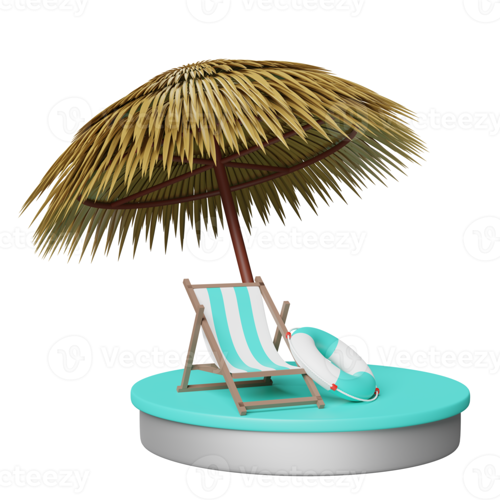 podio de escenario cilíndrico con silla de playa, hoja de palma, paraguas, aro salvavidas aislado. venta de verano de compras, concepto de viaje de verano, ilustración 3d o presentación 3d png