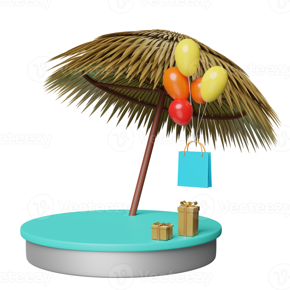 cylinder stage podium with palm leaf, umbrella, shopping paper bags, balloons, gift box isolated. shopping summer sale,summer travel concept, 3d illustration or 3d render png