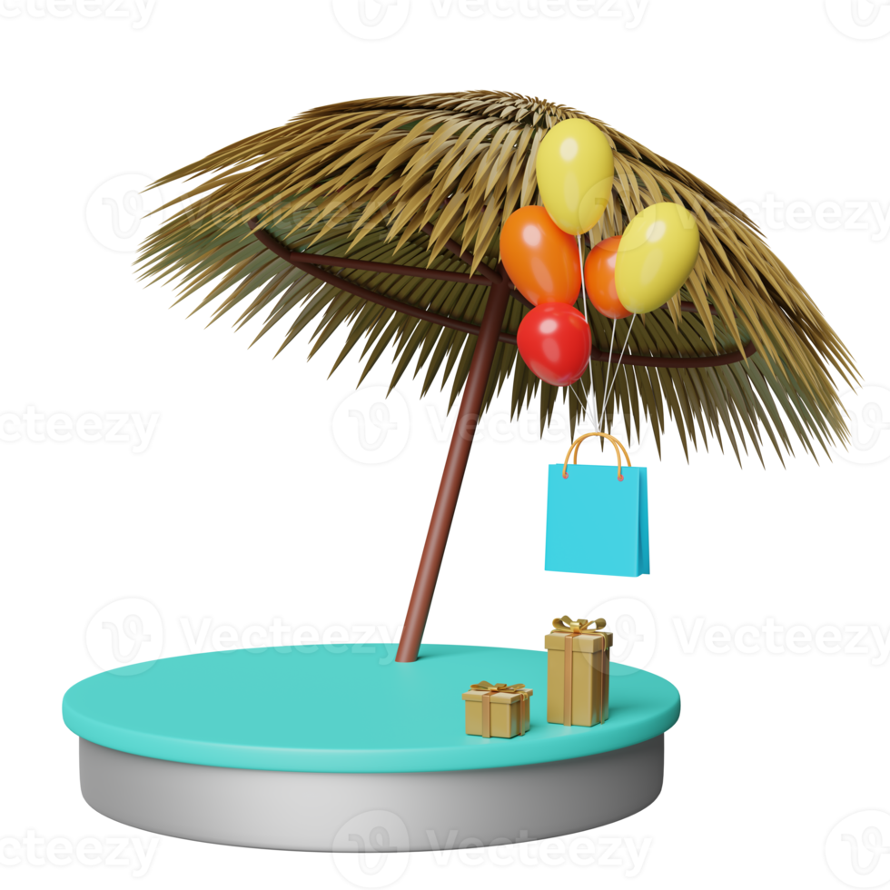 pódio de estágio de cilindro com folha de palmeira, guarda-chuva, sacos de papel de compras, balões, caixa de presente isolada. venda de compras de verão, conceito de viagem de verão, ilustração 3d ou renderização 3d png