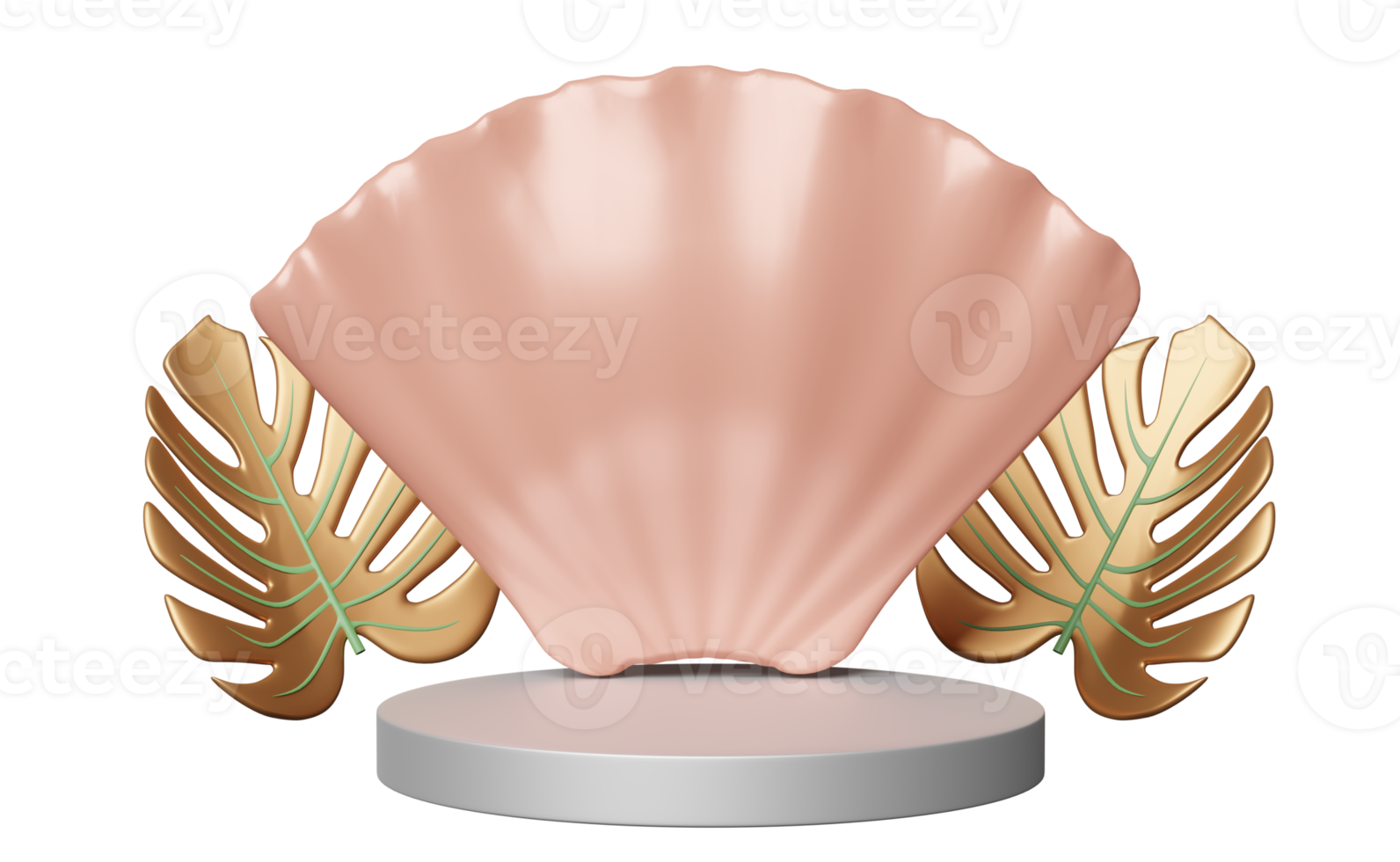 podium de scène de cylindre vide avec coquillages, monstera de feuille d'or isolé. affichage sur scène moderne, maquette minimaliste, arrière-plan abstrait de vitrine. concept illustration 3d, rendu 3d png