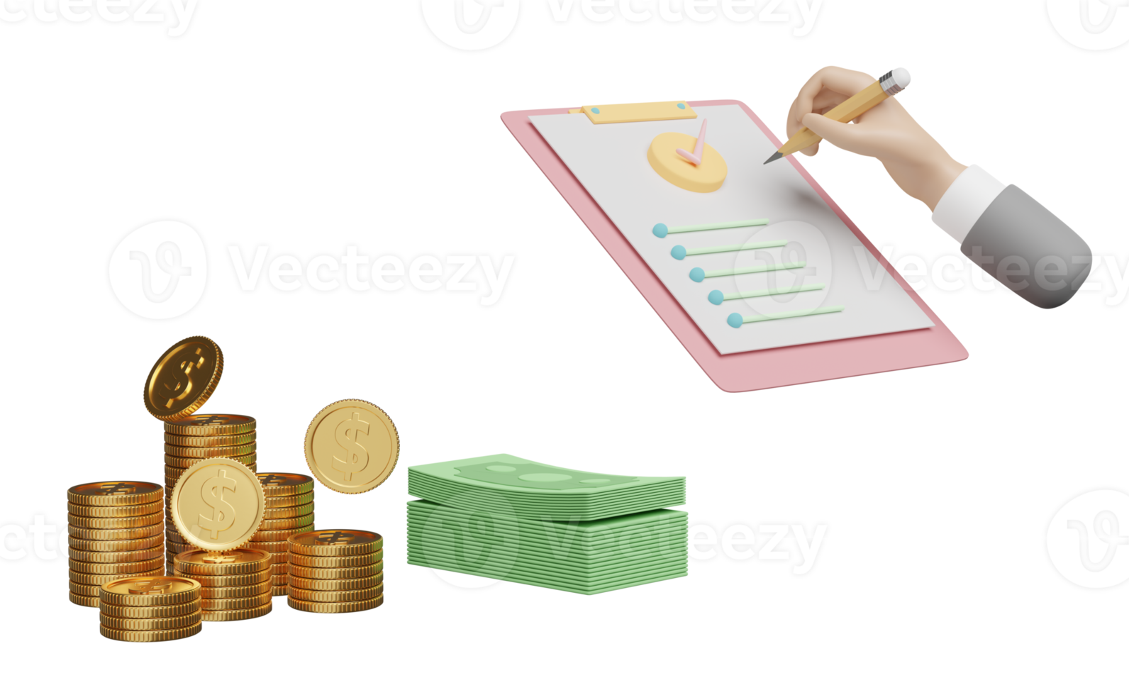 lista de verificación con las manos de los hombres de negocios sosteniendo lápiz, portapapeles, marca de verificación, pila de billetes de dinero, monedas de dólar aisladas. concepto de ilustración 3d o renderizado 3d png