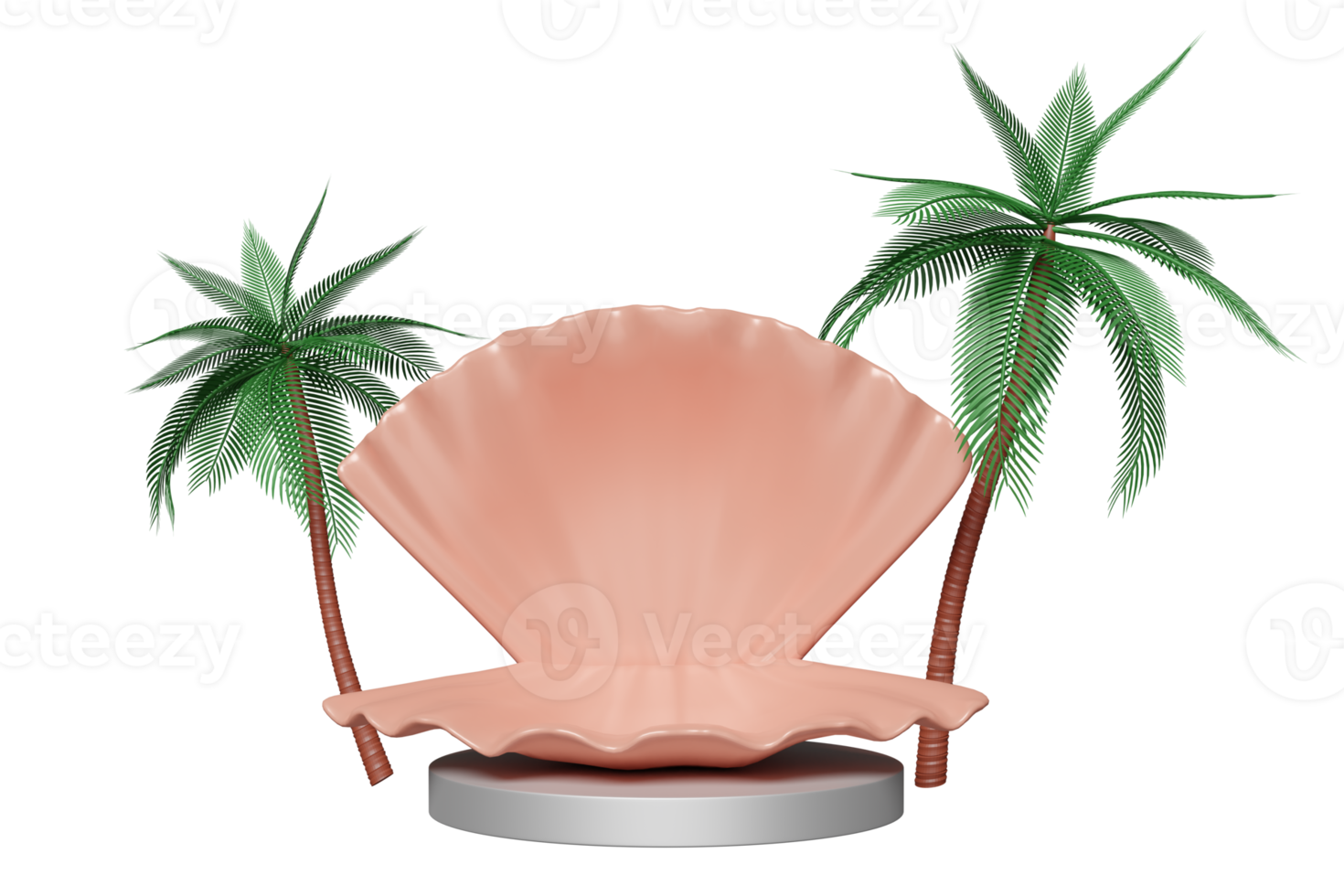 cylinder stage podium empty with shellfish, coconut palm tree isolated. modern stage display, minimalist mockup, abstract showcase background. Concept 3d illustration, 3d render png