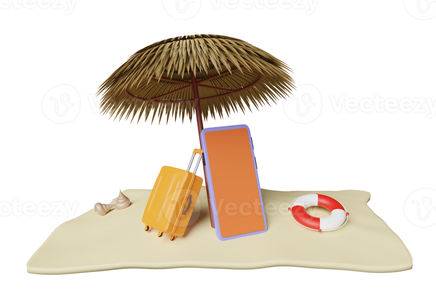 summer travel with mobile phone, umbrella, lifebuoy, seaside, suitcase isolated. online shopping summer sale concept, 3d illustration or 3d render png