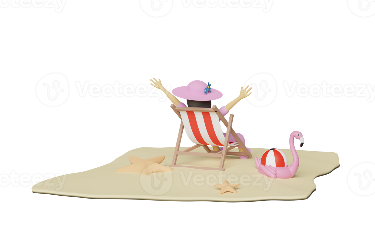Character cartoon woman on summer beach and sky with beach chair, ball, Inflatable flamingo, hat, starfish, travel concept, 3d illustration or 3d render png