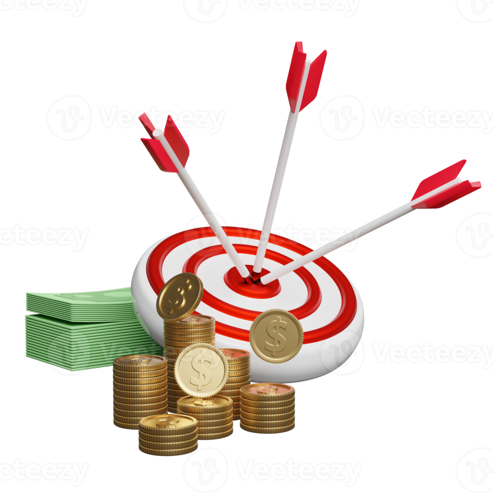 White red target with darts or arrow, pile dollar banknote, money coins isolated. business goal concept, 3d illustration or 3d render png