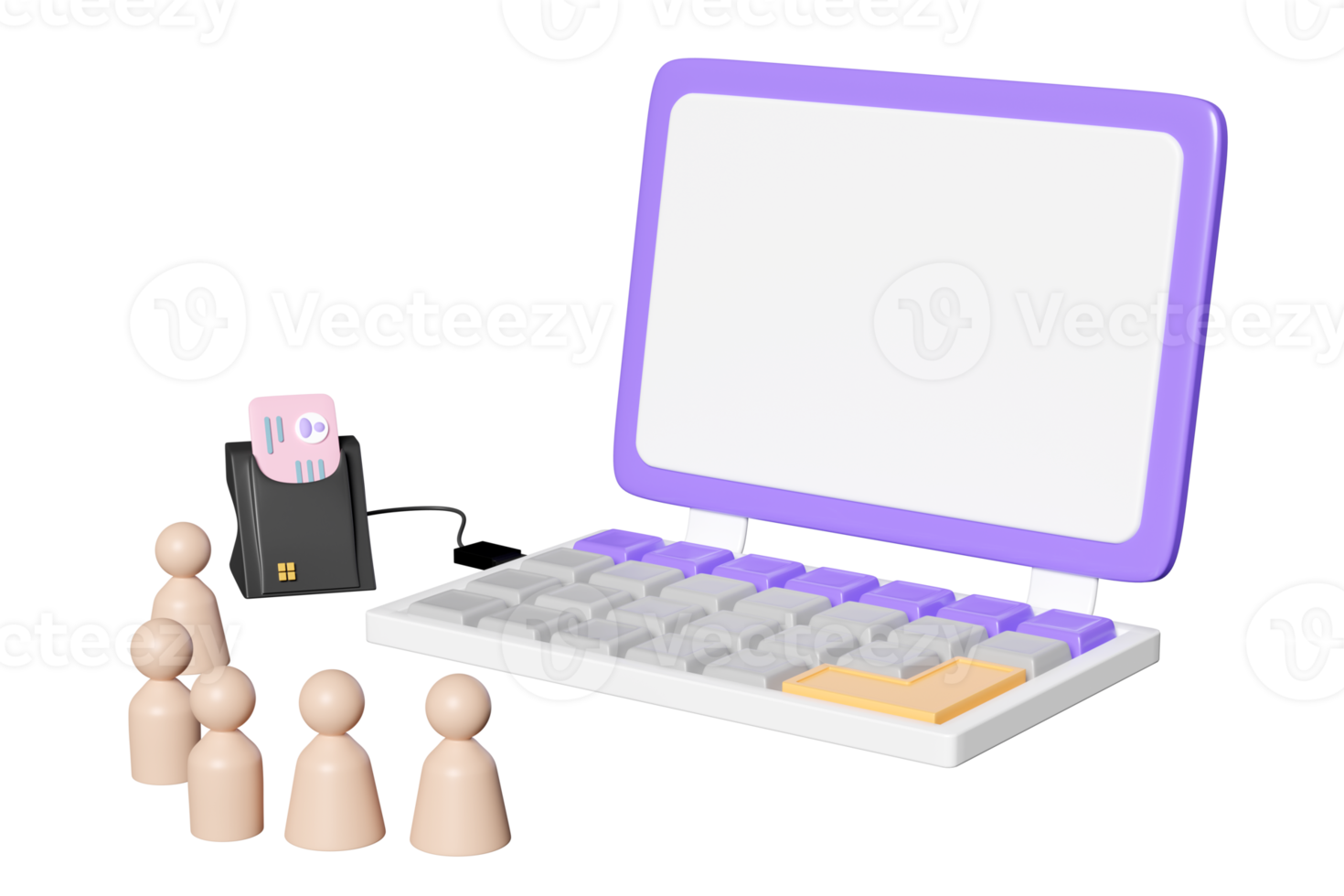 3d purple laptop computer with wooden figures row, smart card reader, external USB card reader, Id card icon isolated. 3d render illustration png