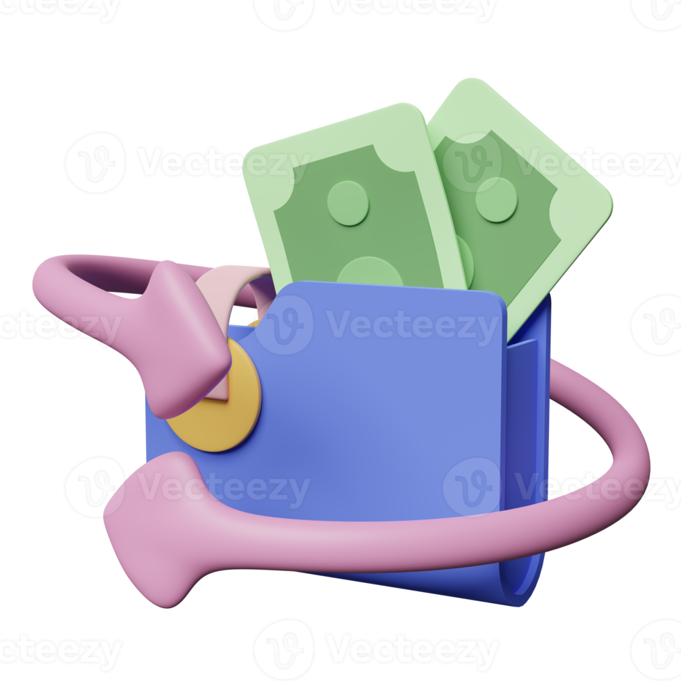 3d wallet with money banknote isolated. transfer arrows, cashback, saving money wealth business, cashback money refund concept, 3d render illustration png