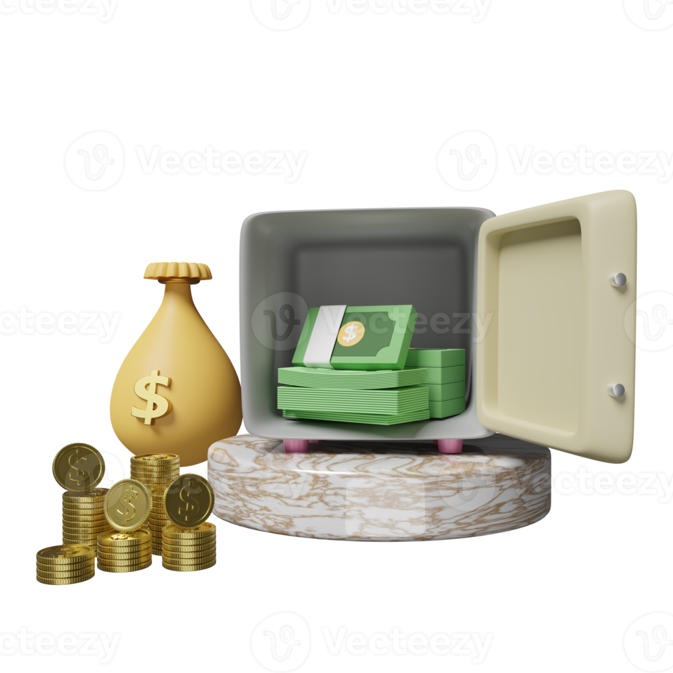 cylinder podium marble with open safe box, coins stack, banknote, bag money dollar isolated. business banking concept, 3d illustration or 3d render png