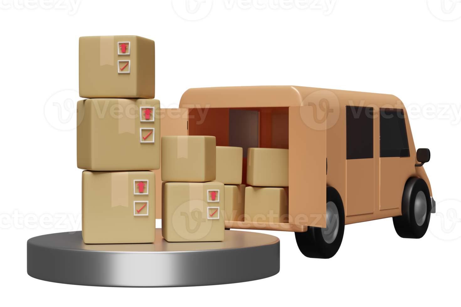 3d truck, orange delivery van with podium, goods cardboard box isolated. service, transportation, shipping concept, 3d render illustration png