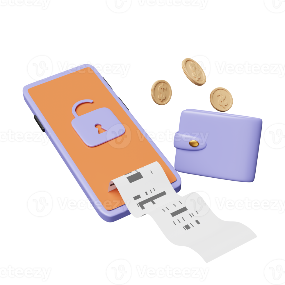 teléfono móvil, teléfono inteligente con billetera, moneda, desbloqueo, factura, recibo en papel aislado. seguridad de Internet, protección de la privacidad, concepto de protección de ransomware, ilustración 3d, presentación 3d png