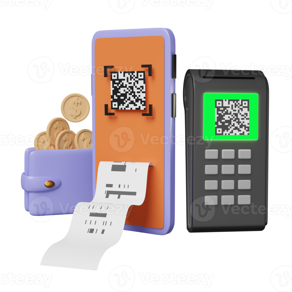 mobiel telefoon of smartphone met qr code scannen, betaling machine, pos terminal, elektronisch rekening, portemonnee, munt geïsoleerd. online boodschappen doen concept, 3d illustratie, 3d geven png