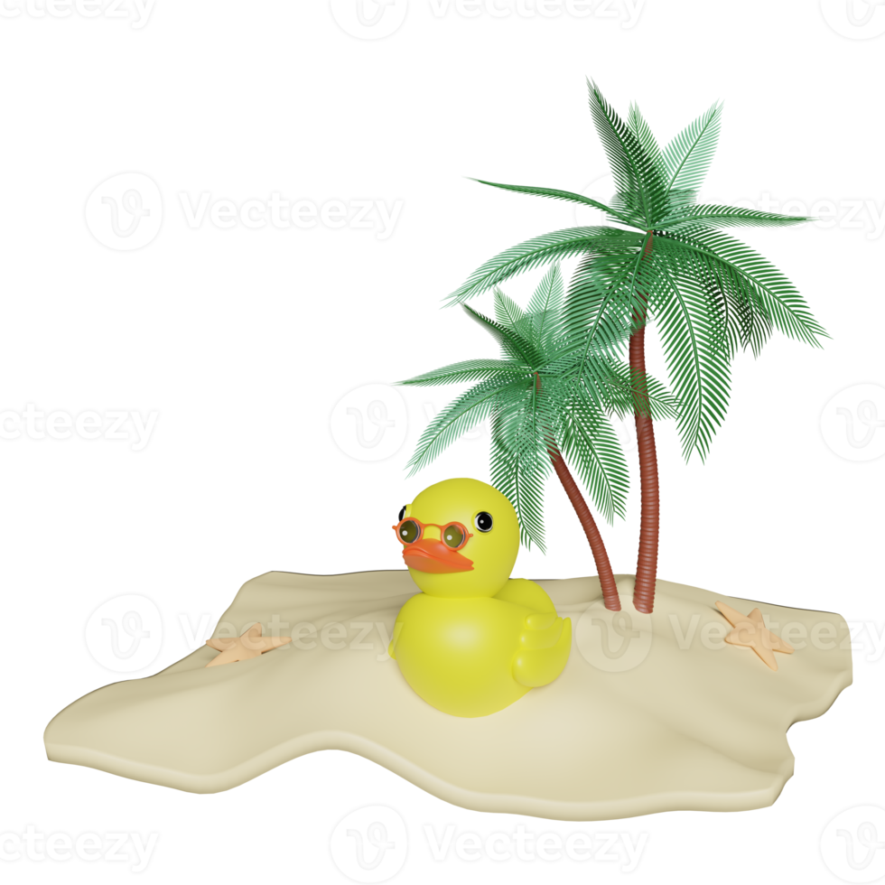 Beach with palm tree, seaside, yellow duck, starfish, sunglasses isolated. summer travel concept, 3d illustration or 3d render png