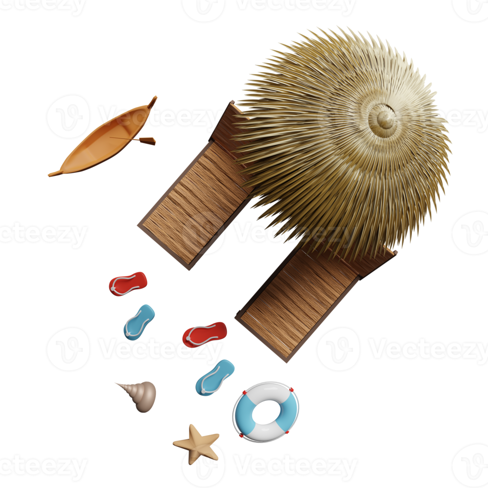 beach chair with umbrella, palm tree, lifebuoy, seaside, sandals, boat, island, starfish, crab isolated. summer travel concept, 3d illustration or 3d render, top view png