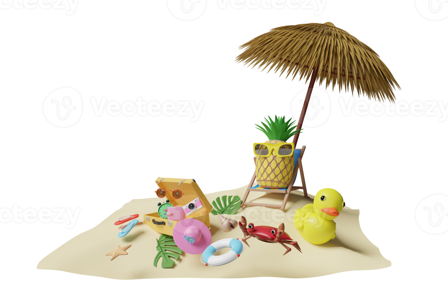 strand stoel met paraplu, palm boom, reddingsboei, kust, ananas, zonnebril, koffer, eend, krab geïsoleerd. zomer reizen concept, 3d illustratie of 3d geven png