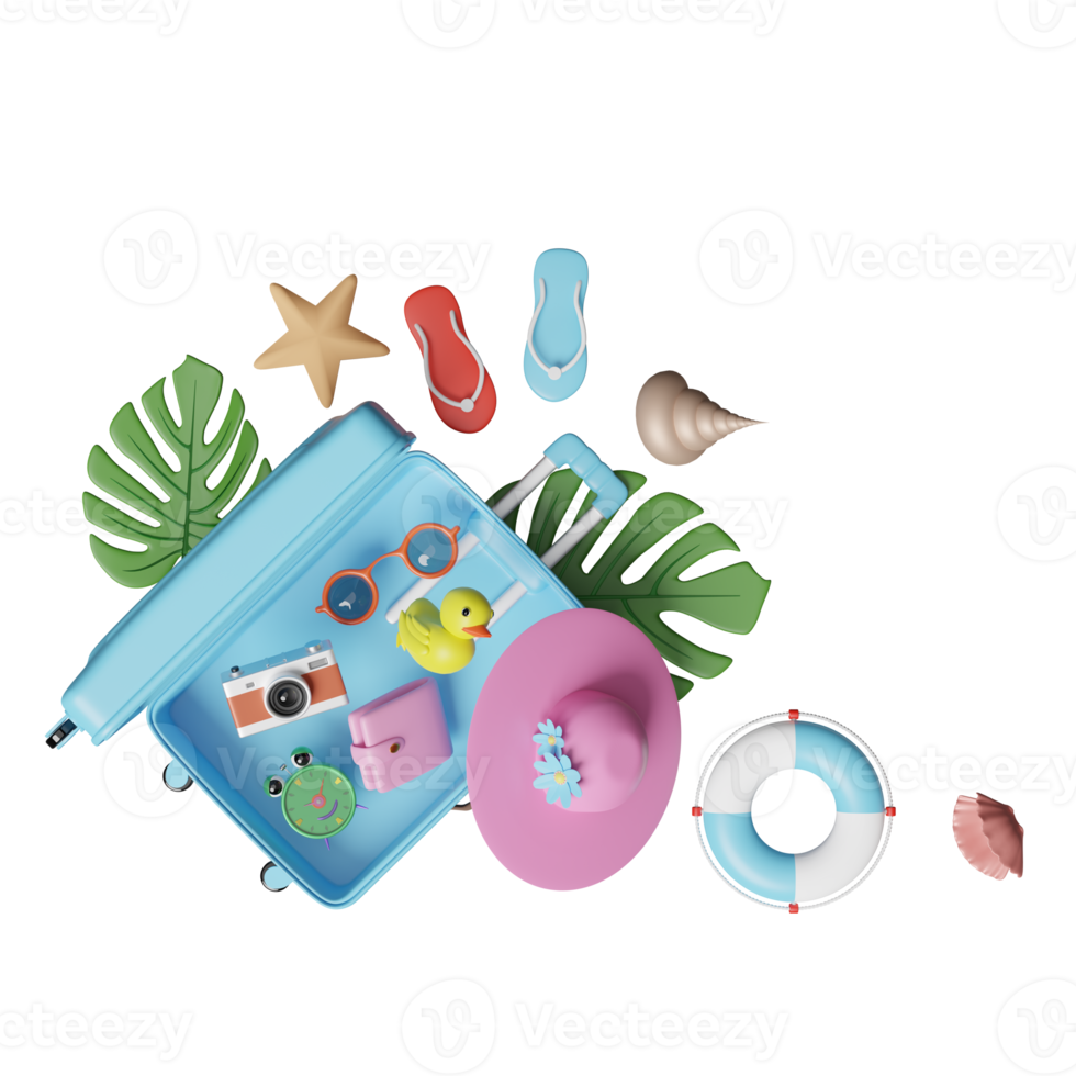 summer travel with blue suitcase, sunglasses, hat, palm leaf, lifebuoy, sandals, starfish, space, shellfish, alarm clock isolated. top view, concept 3d illustration or 3d render png