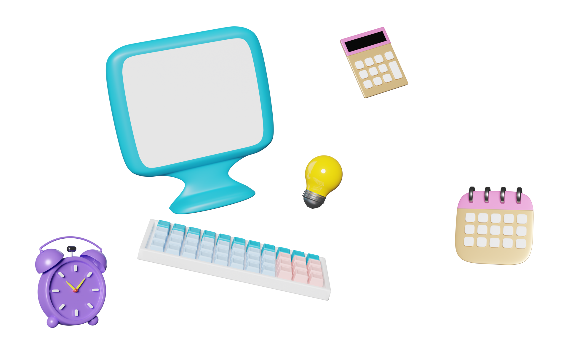 3d-laptop-computer-monitor-with-yellow-light-bulb-calculator-calendar