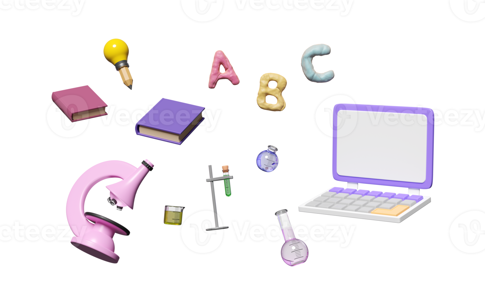 3d laptop computer monitor with microscope, beaker, test tube, character ABC clay toy icon float isolated. room online innovative education, 3d render illustration png