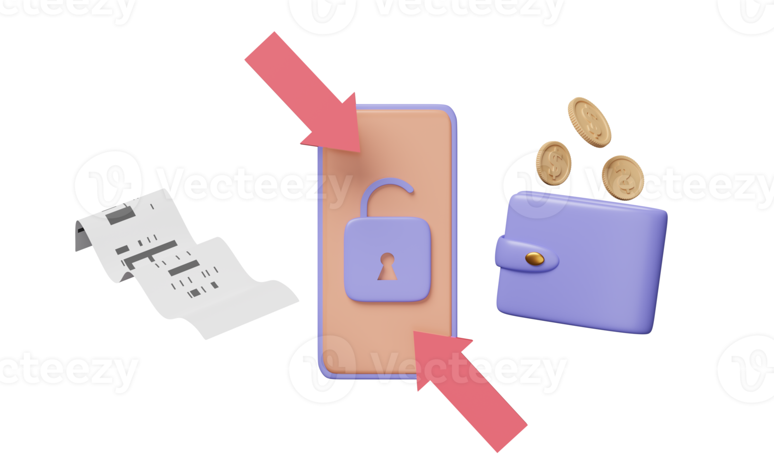 mobil telefon, smartphone med plånbok, dollar mynt, låsa upp, pil, papper mottagande isolerat. internet säkerhet, Integritet skydd, ransomware begrepp, 3d illustration, 3d framställa png
