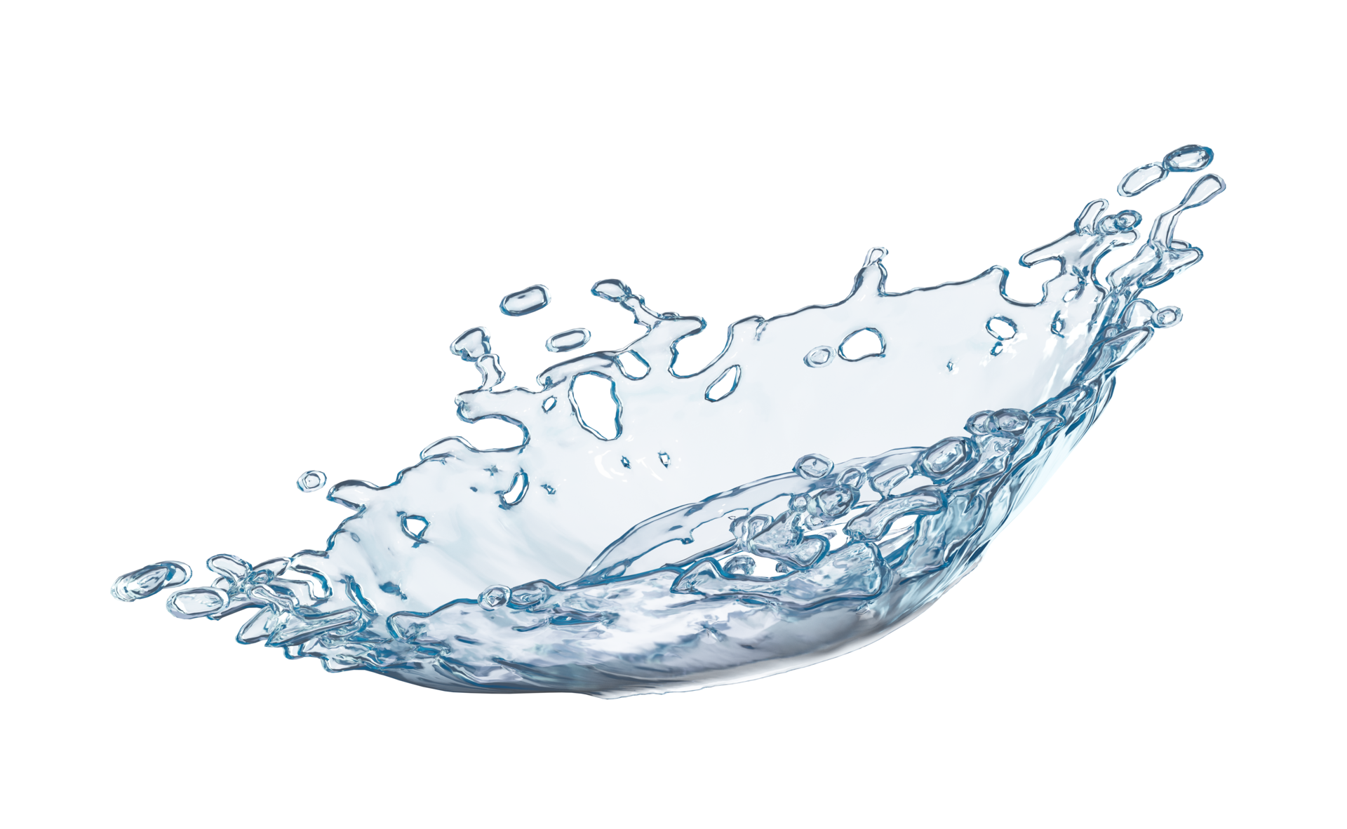 3d water splash transparent, clear blue water scattered around isolated