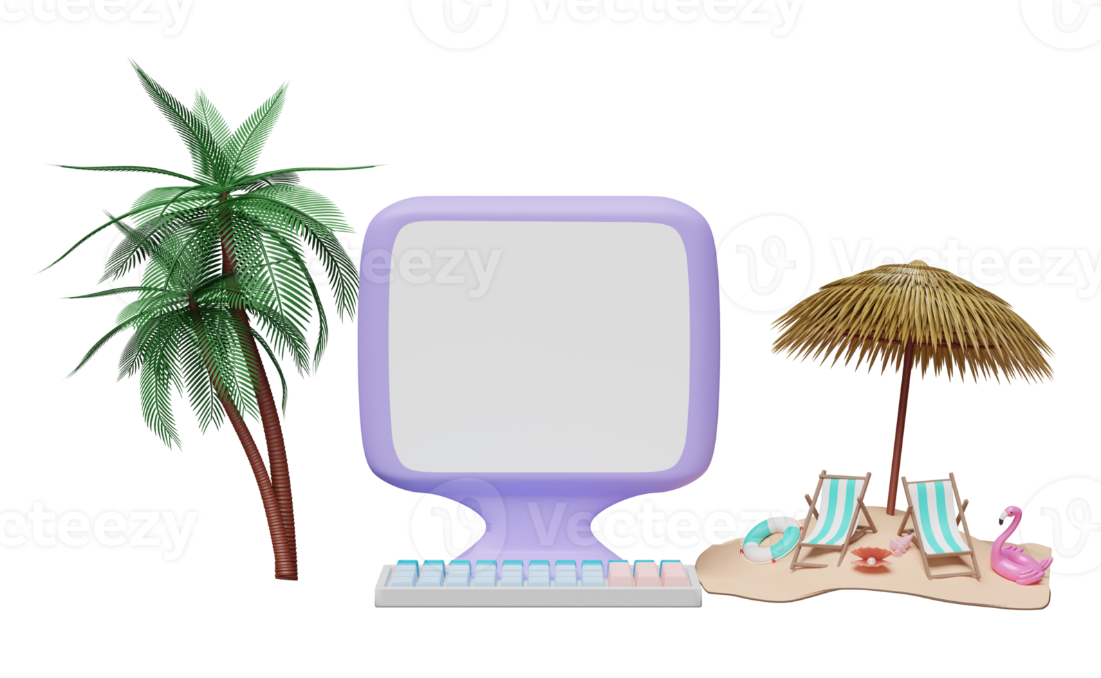 3d laptop computer toezicht houden op met strand stoel, palm blad, paraplu, reddingsboei, portemonnee, credit kaart, schaaldieren geïsoleerd. online boodschappen doen zomer uitverkoop concept, 3d geven illustratie png